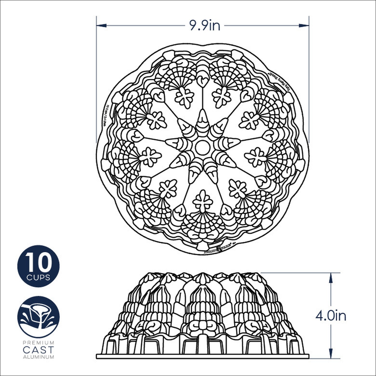 Dimension diagram of Nordic Ware Very Merry Bundt Pan showing 9.9 inch exterior diameter and 4 inch height, with 10-cup capacity and premium cast aluminum callouts