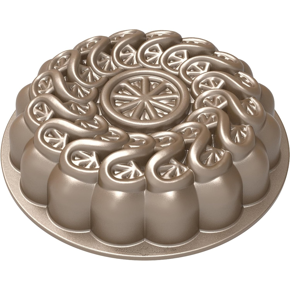 Nordic Ware Citrus Twist Bundt Cake Pan in toffee finish showing intricate citrus slice and swirl debossed interior design