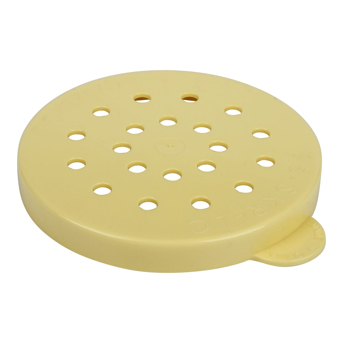 Cambro 96SKRLC405 yellow polycarbonate cheese shaker lid with large dispensing holes, angled view on white background