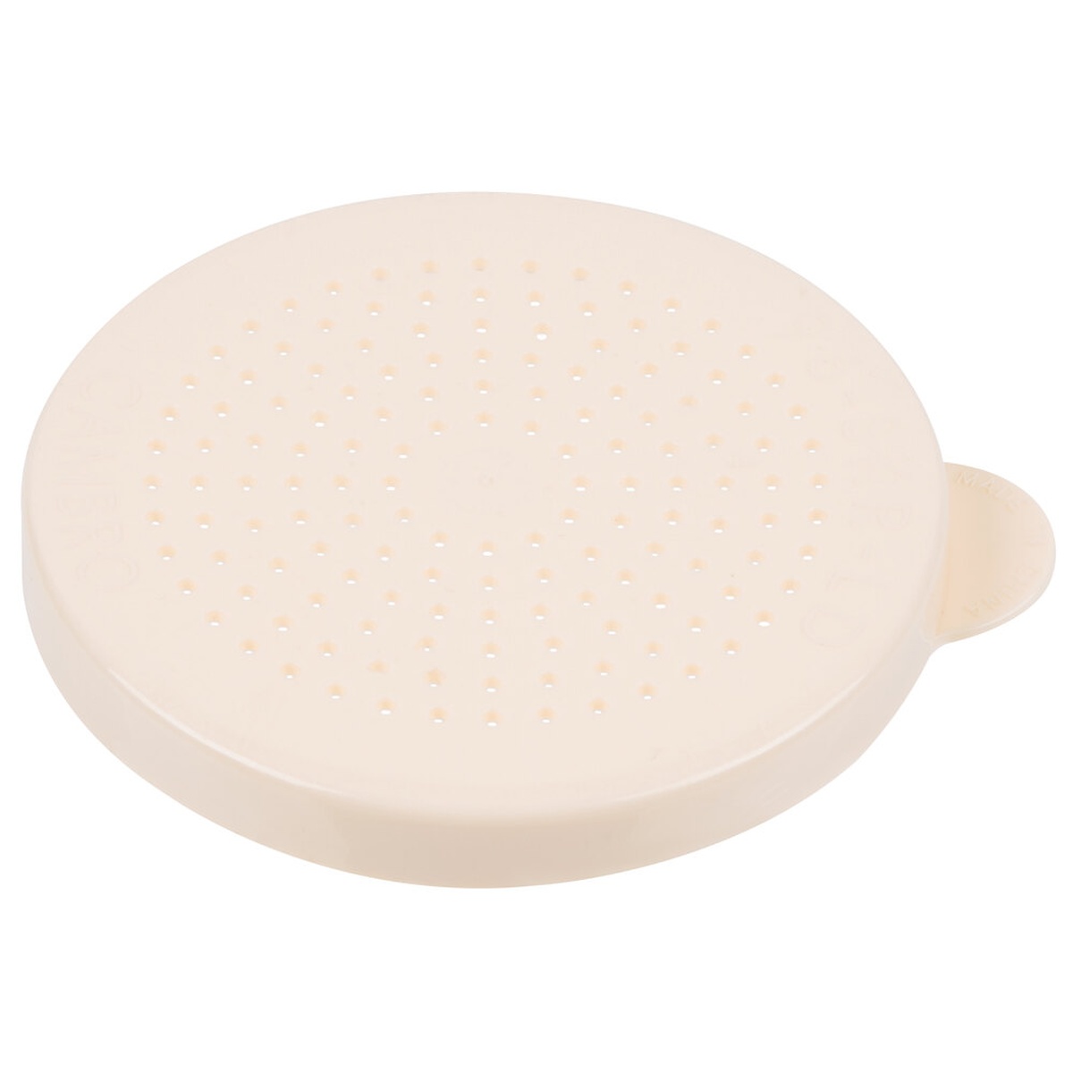 Cambro 96SKRLD406 beige polycarbonate shaker lid with salt and pepper dispensing holes, top view on white background