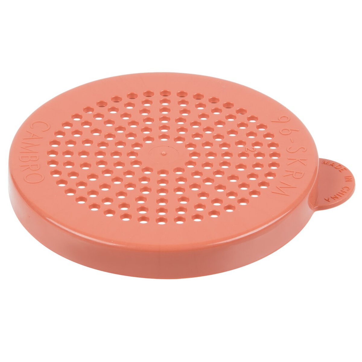Cambro 96SKRLM408 rose polycarbonate shaker lid with mid-sized dispensing holes, top view on white background