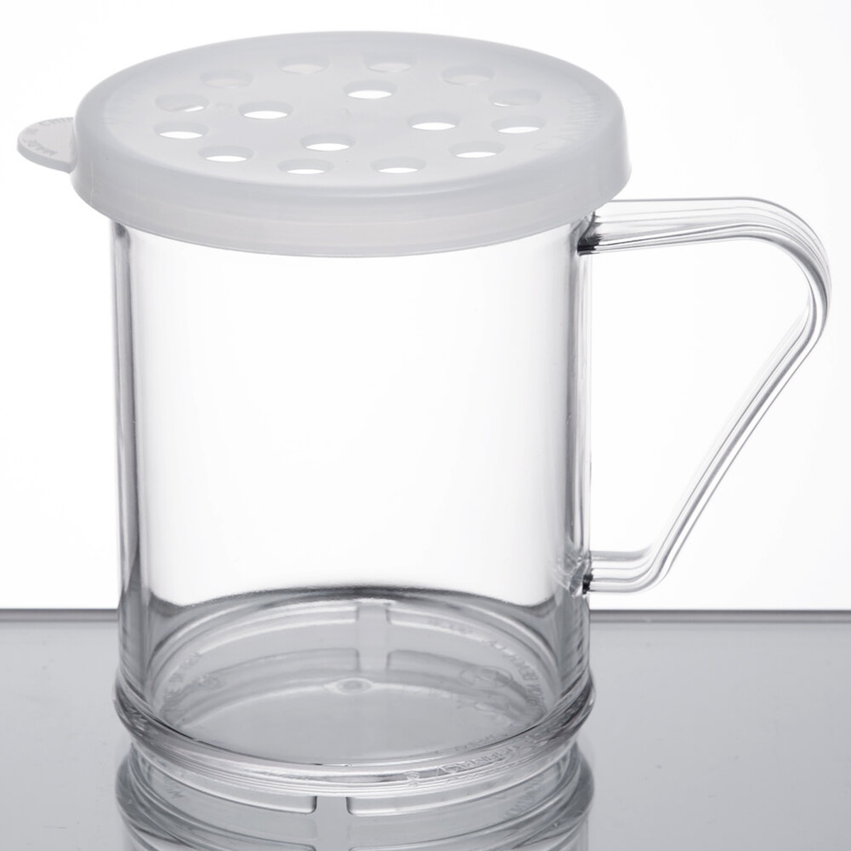 Cambro 96SKRP135 clear polycarbonate 10 oz shaker with white perforated parsley lid and finger handle