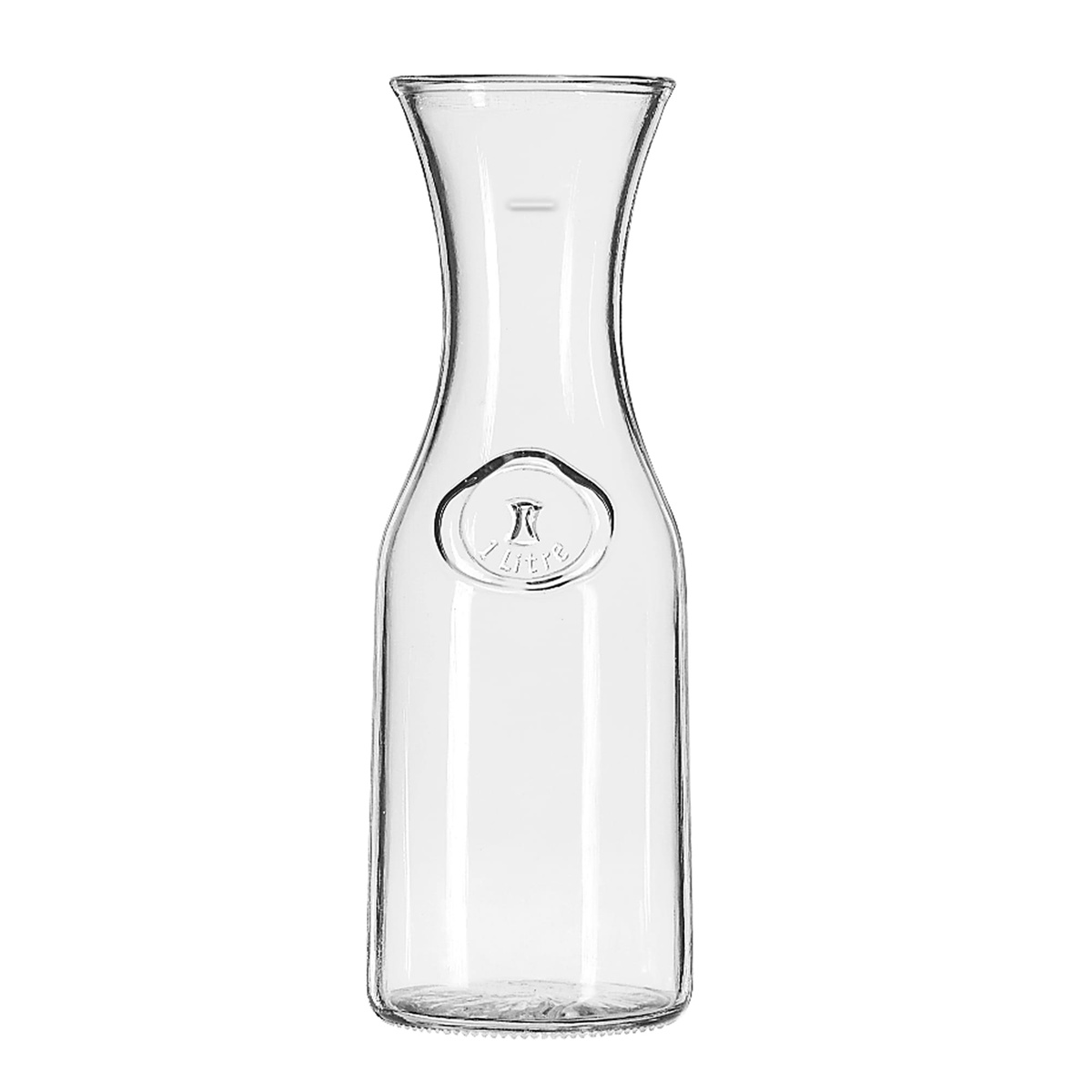Libbey 97000 clear glass 1-liter wine carafe with embossed 1 Litre medallion on body and flared top opening