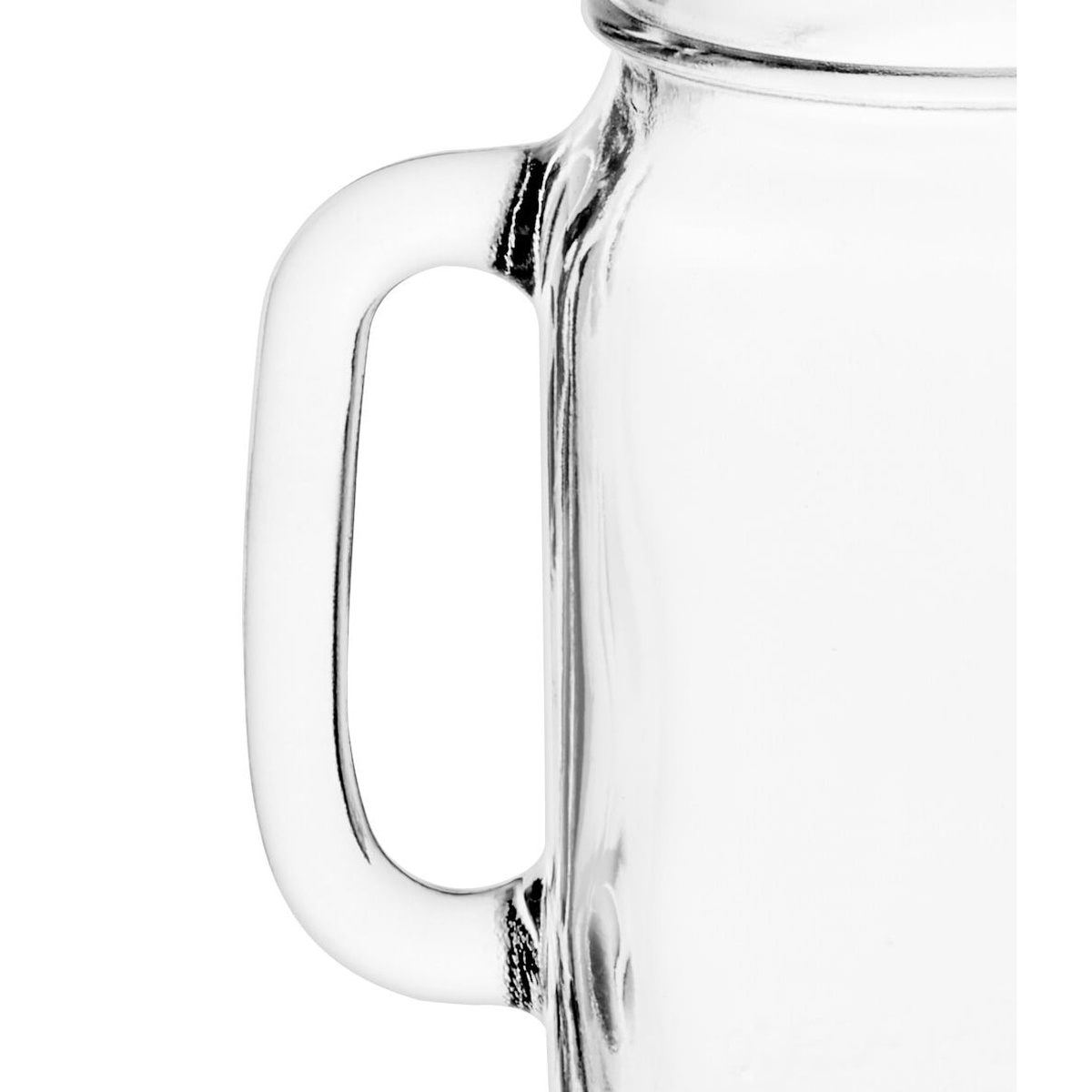 Close-up detail of the smooth, sturdy glass handle on the Libbey 97084 drinking mason jar
