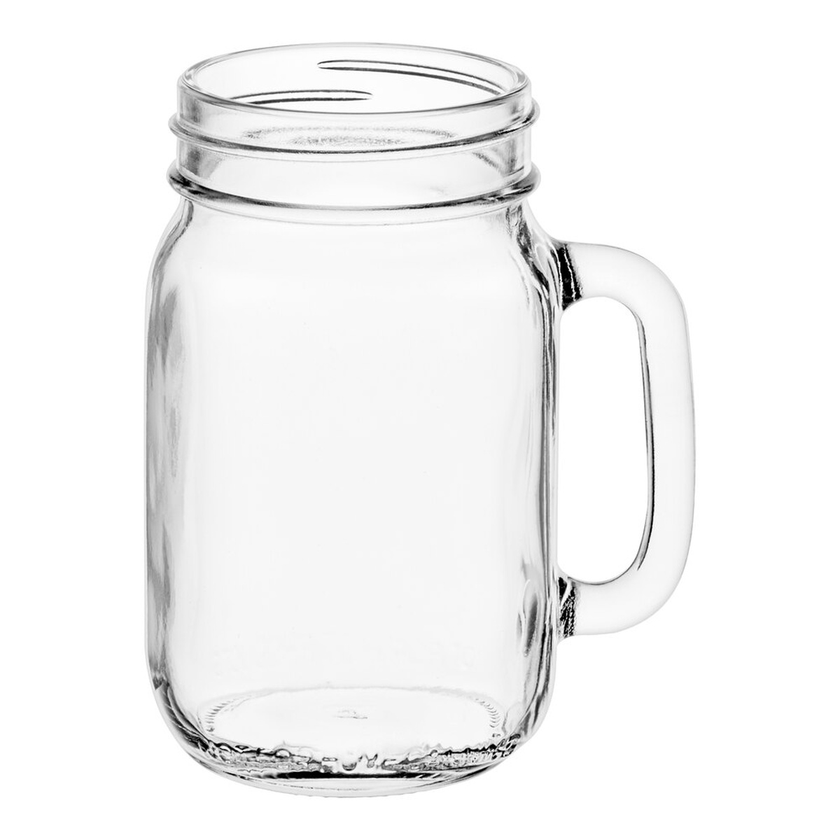 Libbey 97084 clear glass 16 oz. drinking mason jar with handle, plain panel design and threaded top, on white background