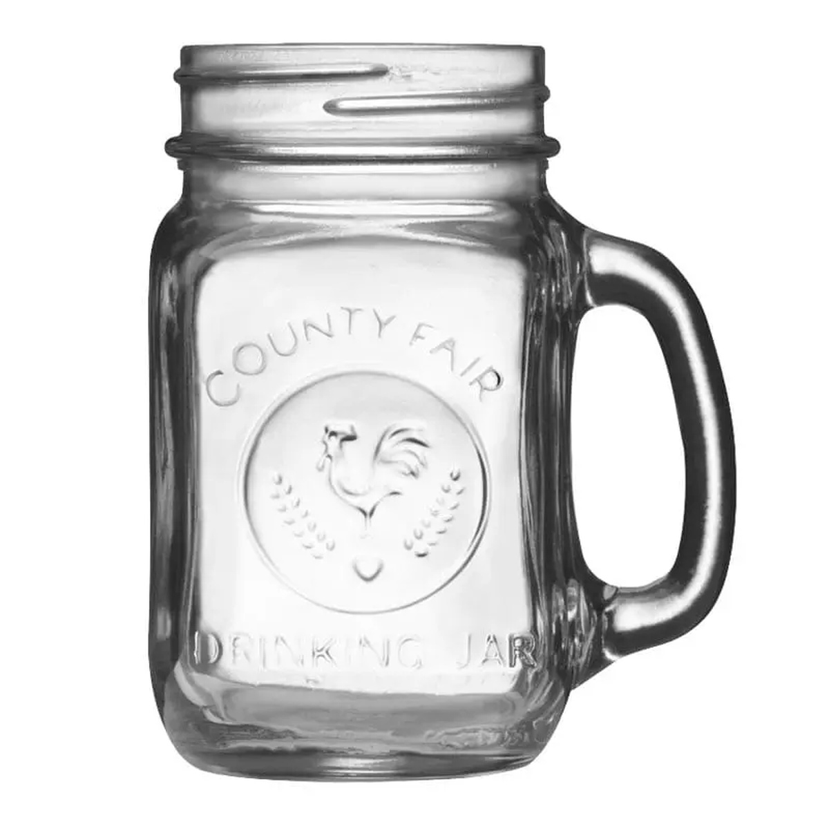 Libbey 97085 County Fair 16.5 oz clear glass handled drinking jar with embossed rooster medallion