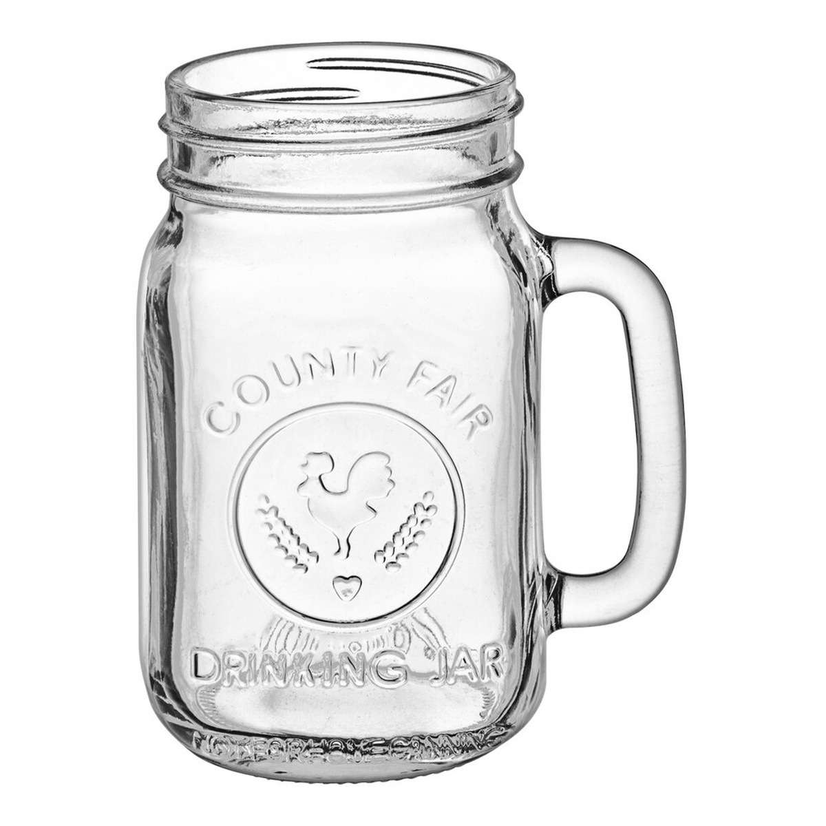 Libbey 97085 County Fair 16 oz. clear glass drinking jar with handle and embossed rooster medallion
