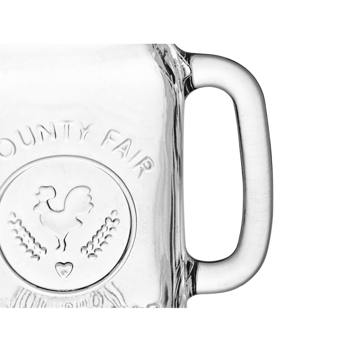Close-up of Libbey County Fair drinking jar handle and embossed rooster medallion detail
