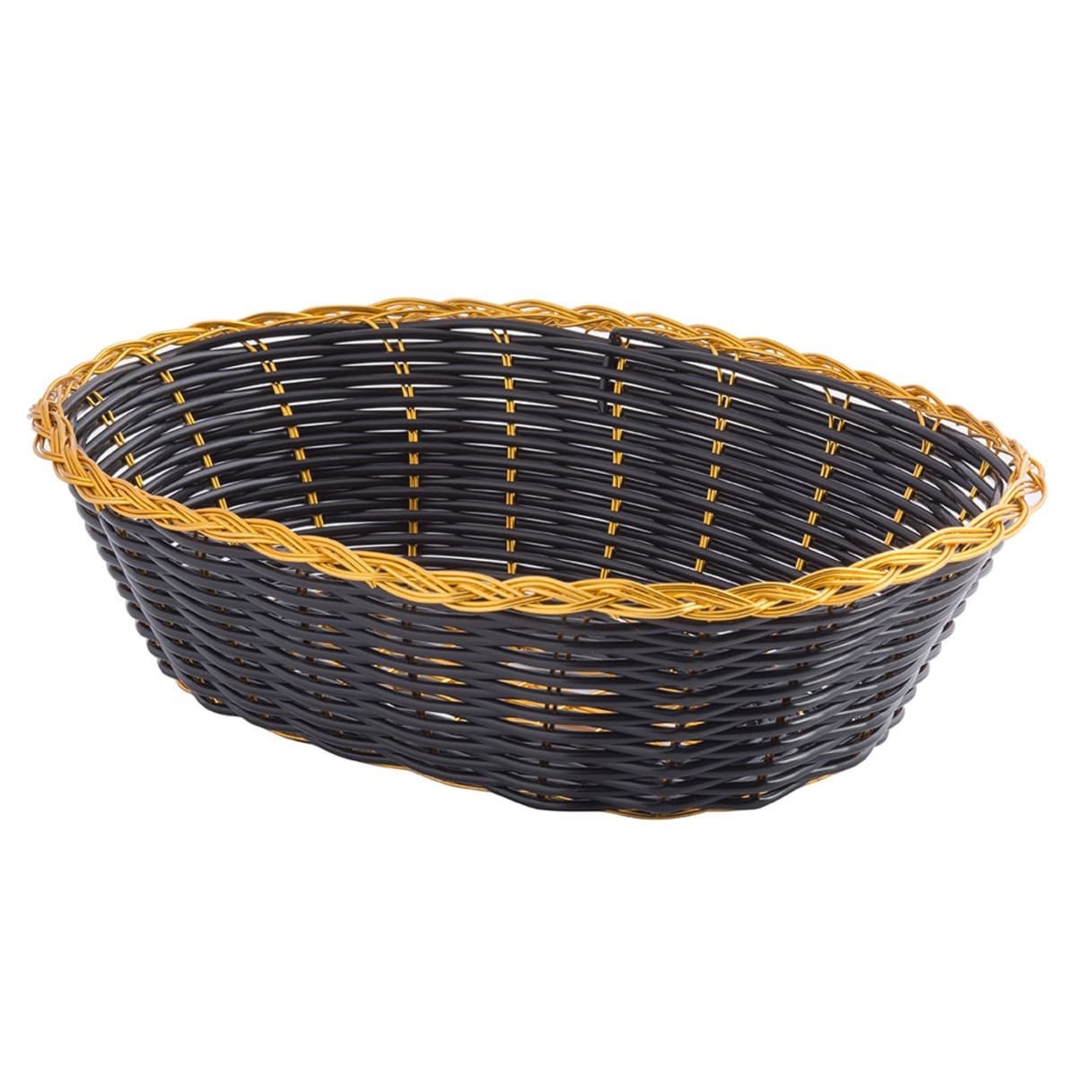 TableCraft 975B oval black woven polypropylene basket with metallic gold trim, angled top view