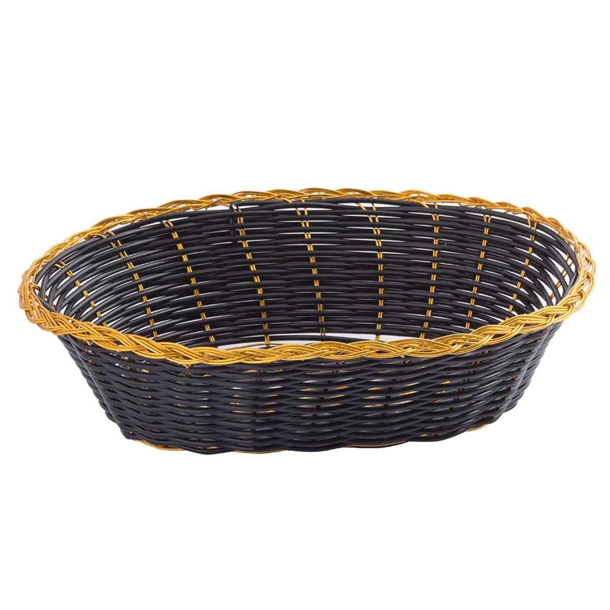 TableCraft 975B oval black woven basket viewed from a wider side angle showing basket depth and gold trim