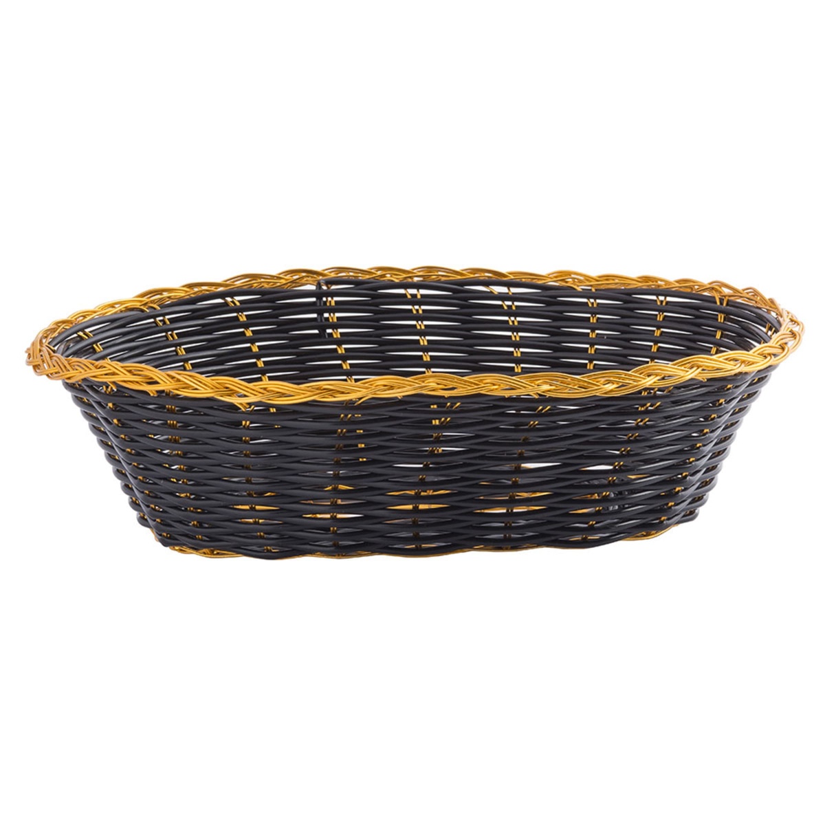 TableCraft 975B oval basket front profile showing tight woven black body and braided gold rim detail