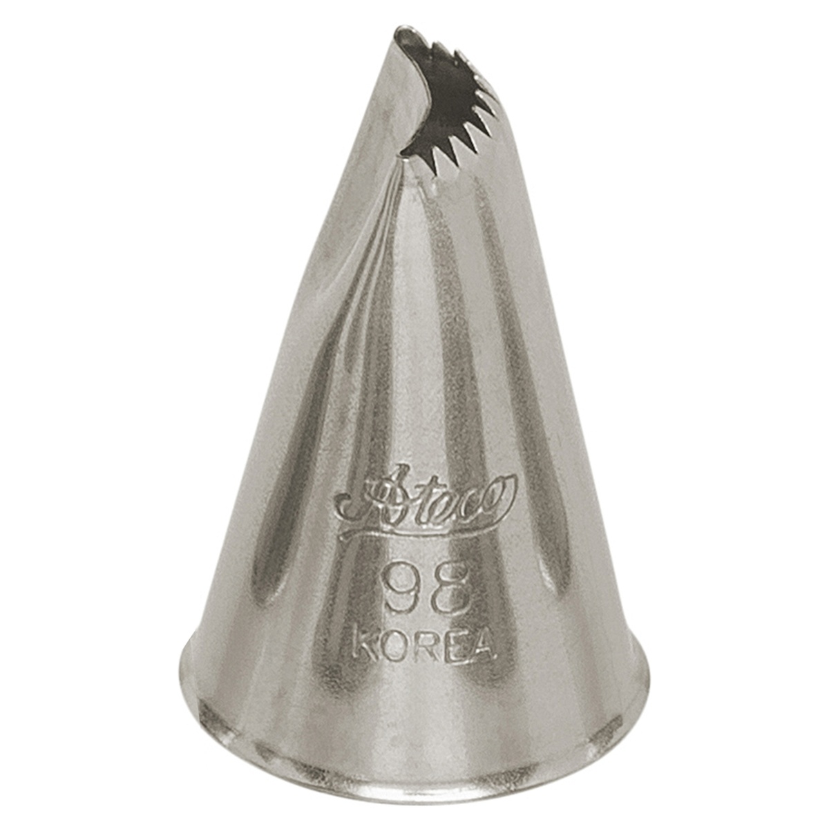 Ateco #98 stainless steel shell pastry piping tip showing serrated shell opening