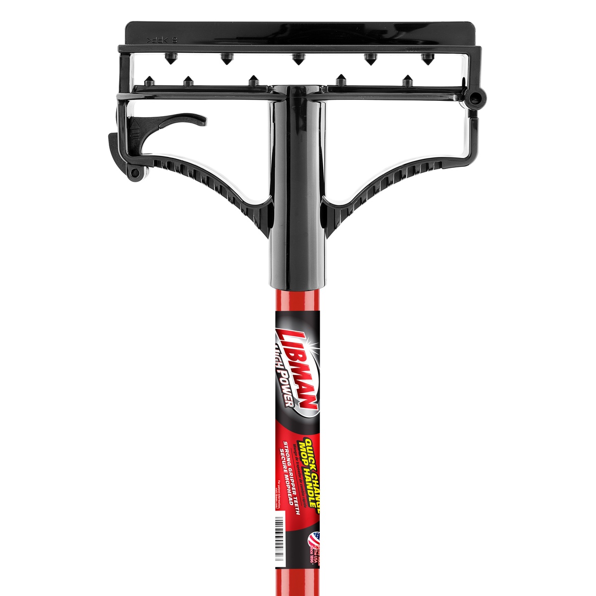 Close-up of Libman 982 quick-change mop head frame with gripper teeth and quick-release lever on red steel handle