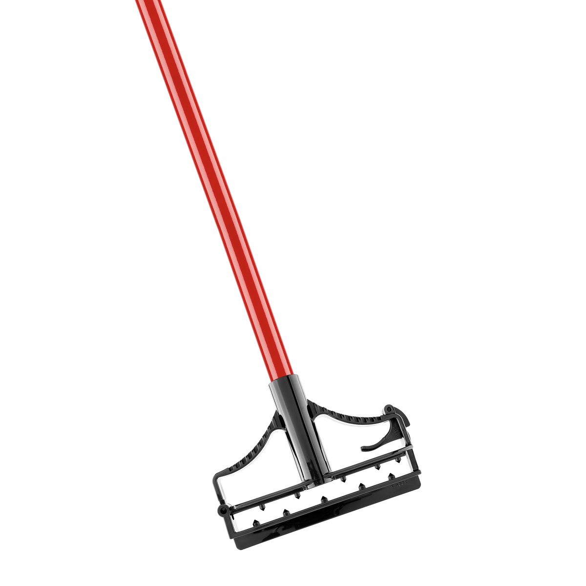 Close-up of Libman 982 quick-change resin head frame and lever mechanism at base of red steel mop handle