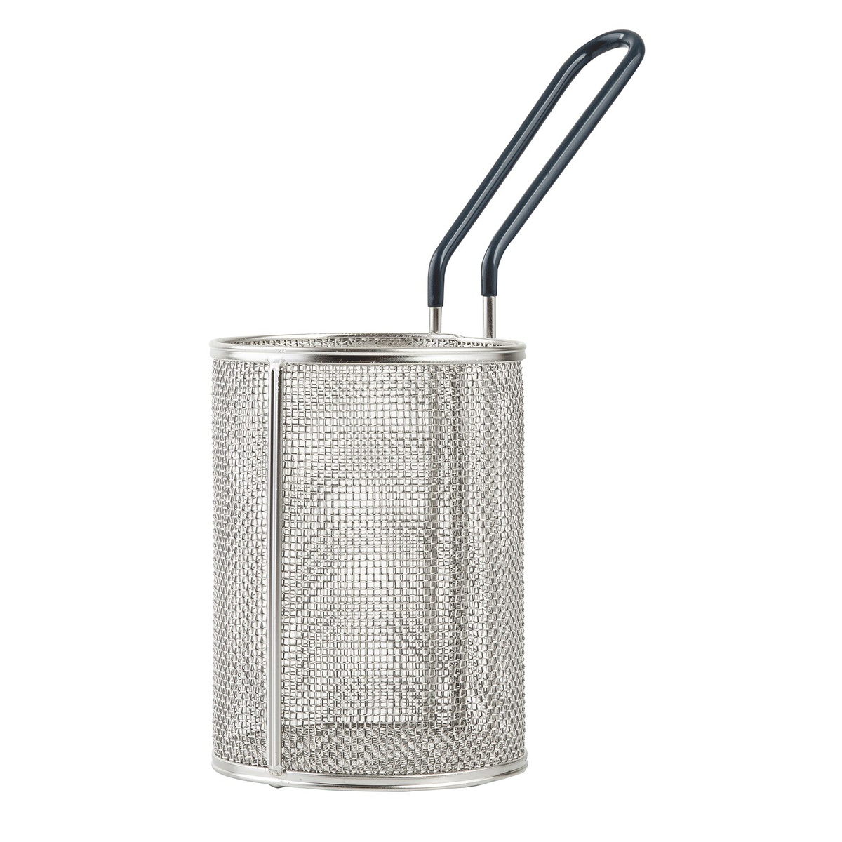 TableCraft 984 round pasta basket front view showing fine stainless steel mesh body and blue PVC handle