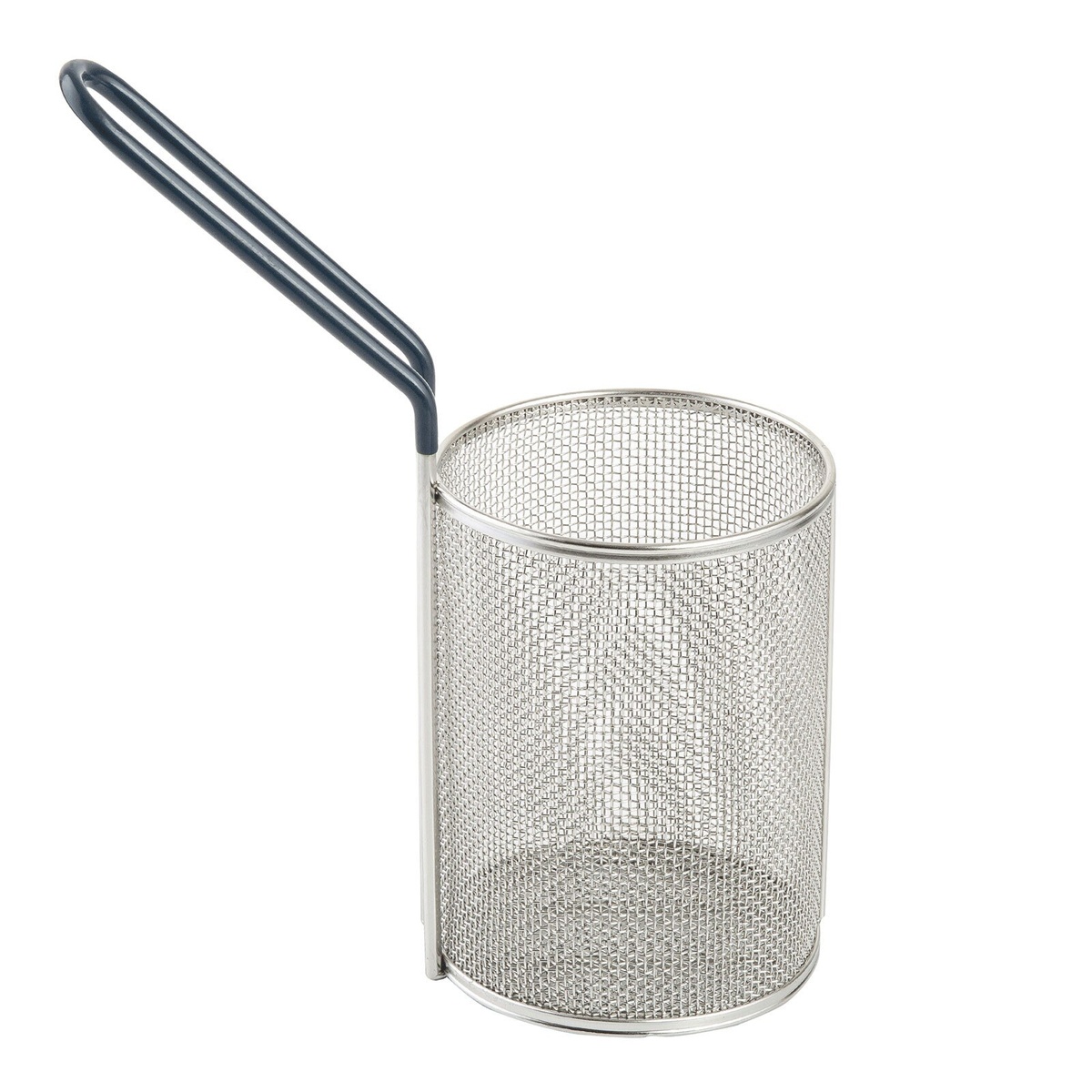 TableCraft 984 round stainless steel pasta basket with blue cool-touch PVC handle, angled view