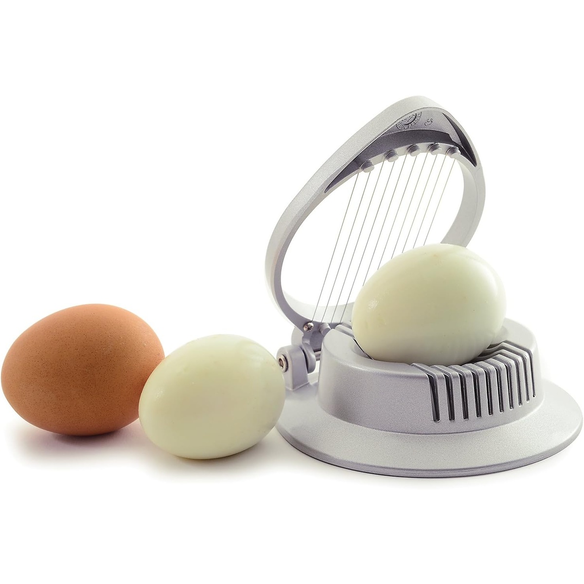 Norpro slicer with a whole hard-boiled egg ready to be sliced