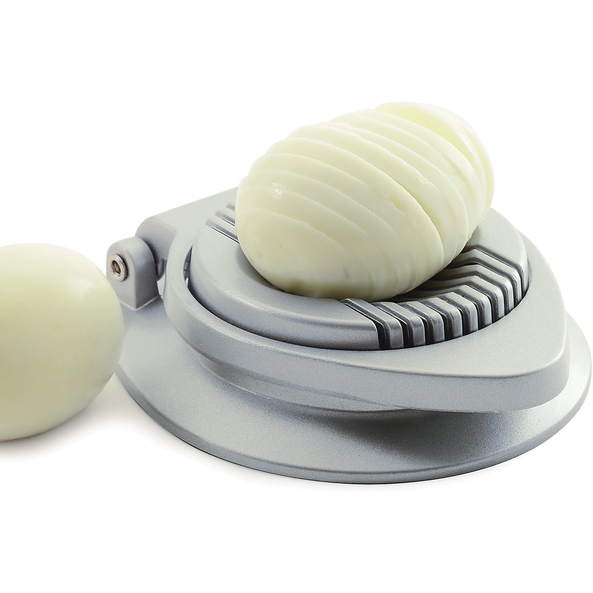 Norpro egg slicer showing a perfectly sliced hard-boiled egg on the aluminum base