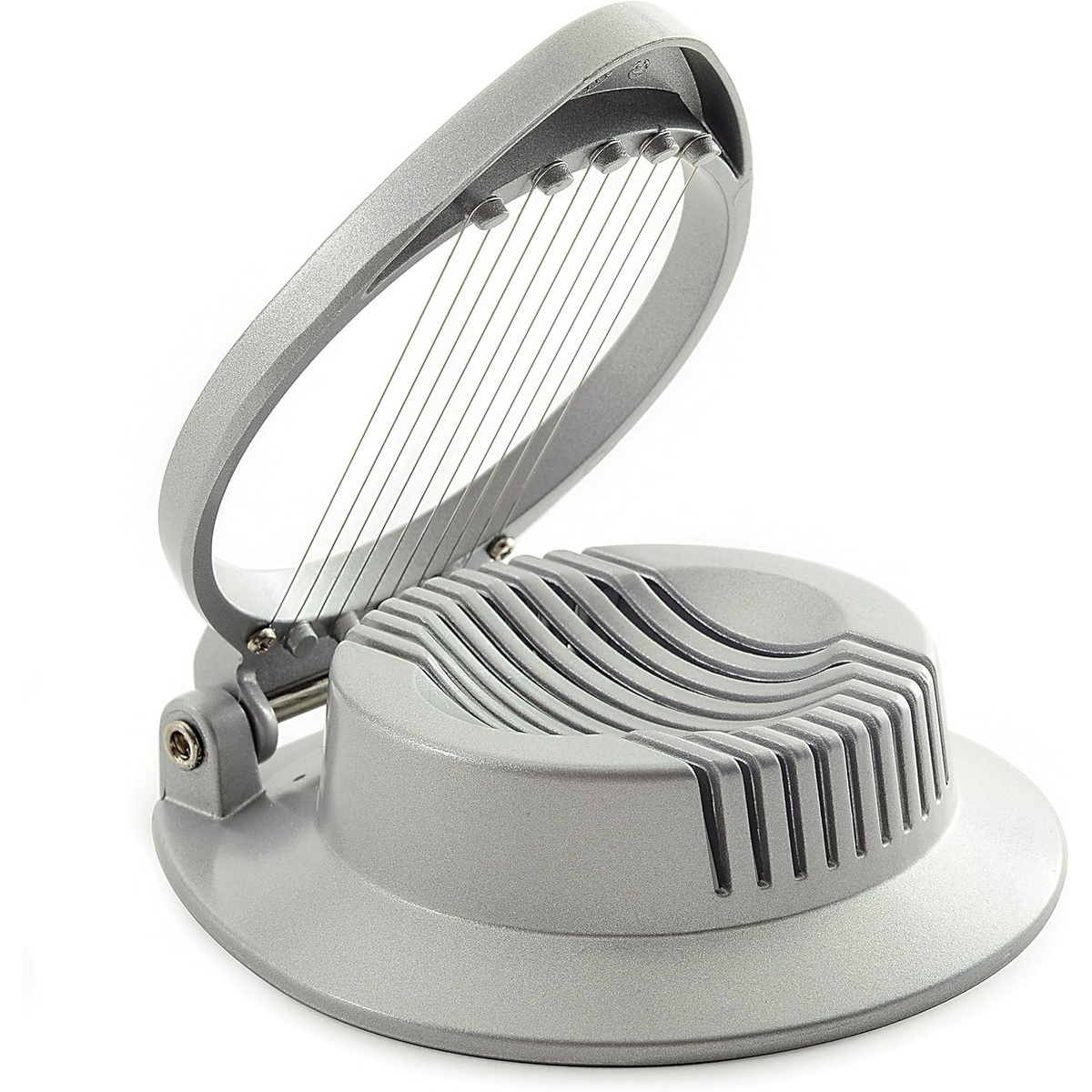 Side view of the open Norpro egg and mushroom slicer showing the stainless steel cutting wires
