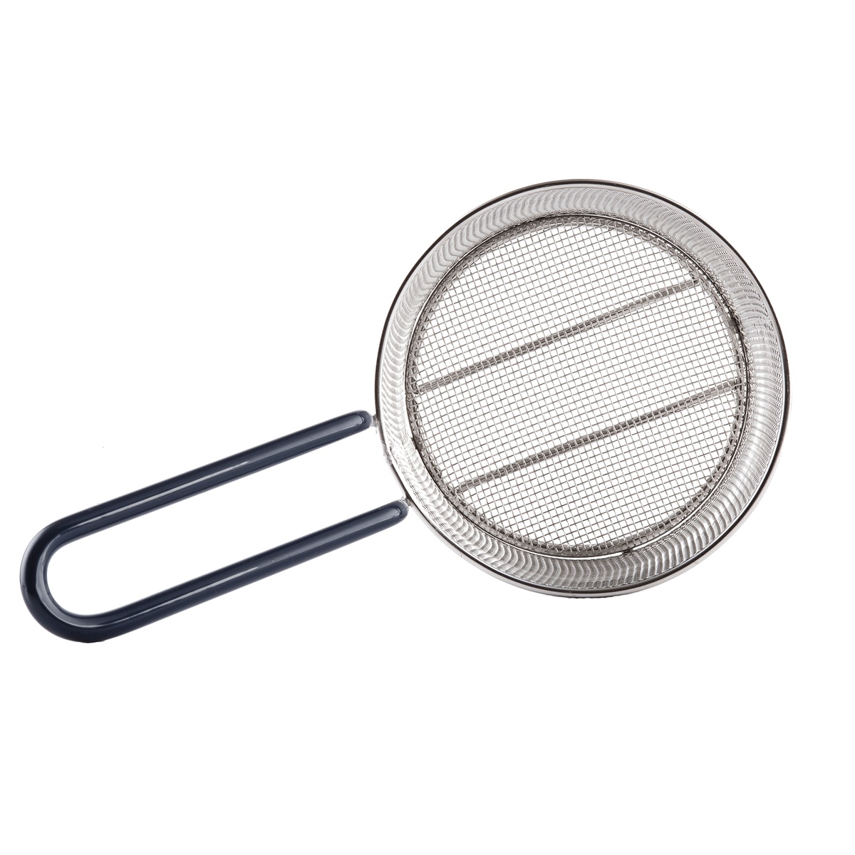 Bottom view of TableCraft 985 pasta basket showing fine stainless steel mesh and blue PVC handle