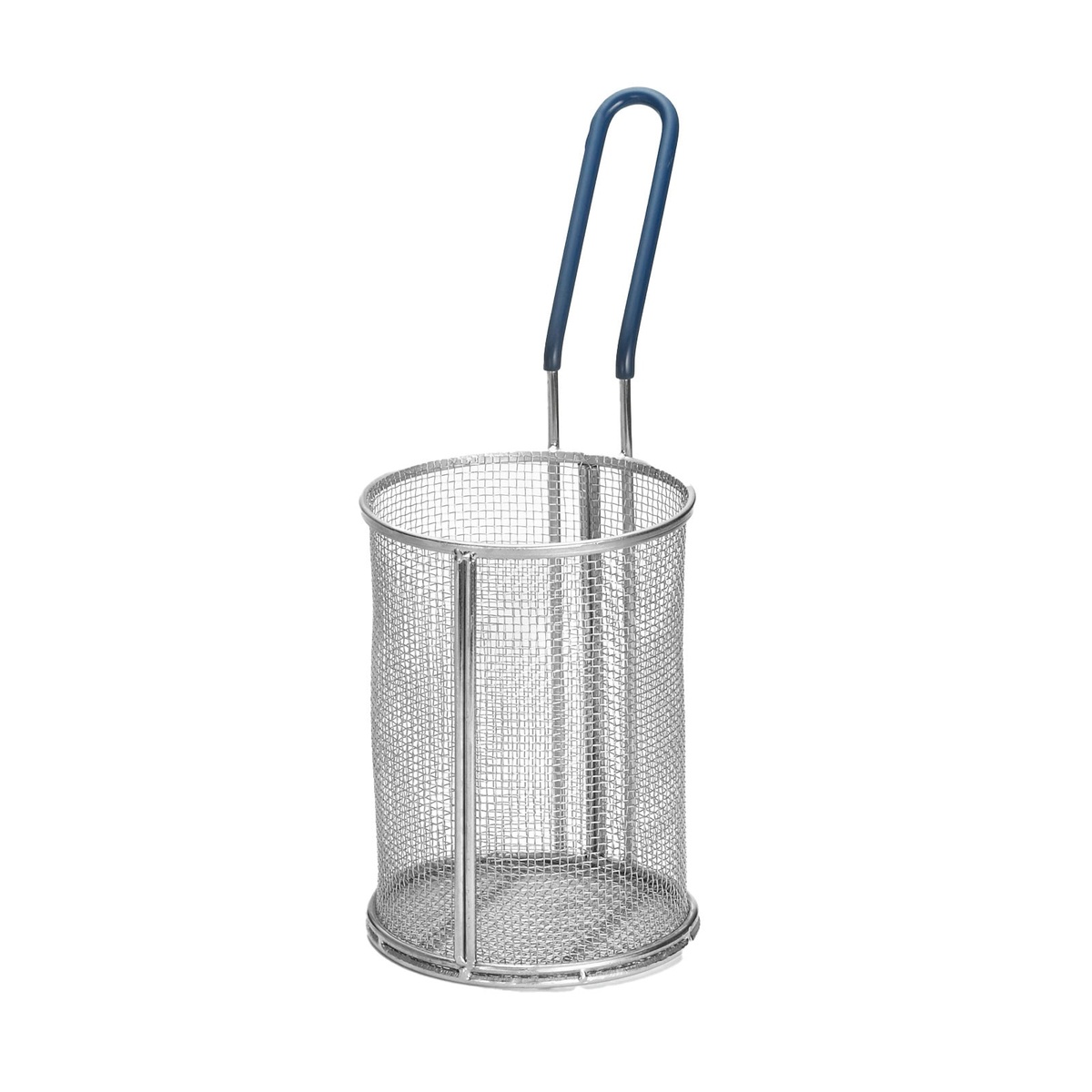 TableCraft 985 round stainless steel pasta basket with blue cool-touch vinyl handle, angled view
