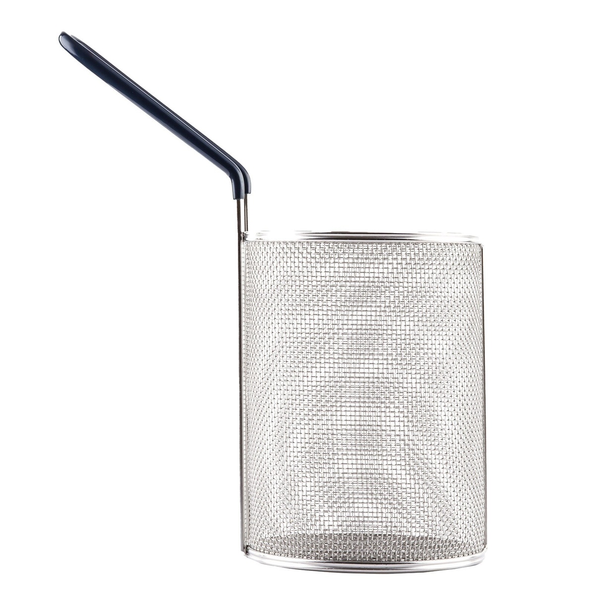 Close-up detail of TableCraft 985 pasta basket showing stainless steel woven mesh and extended blue PVC handle