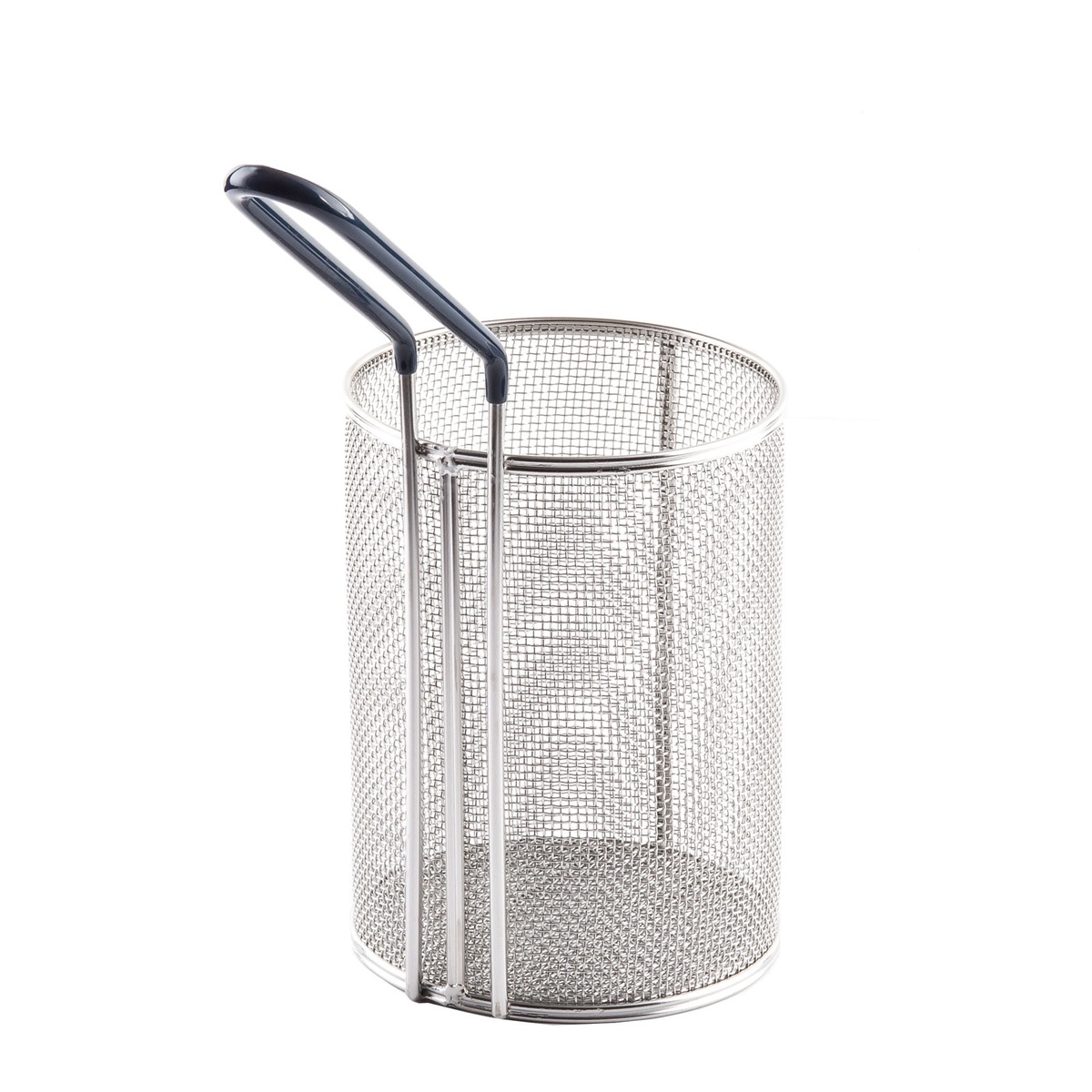 Front view of TableCraft 985 round pasta basket with dark blue cool-touch handle and fine mesh body