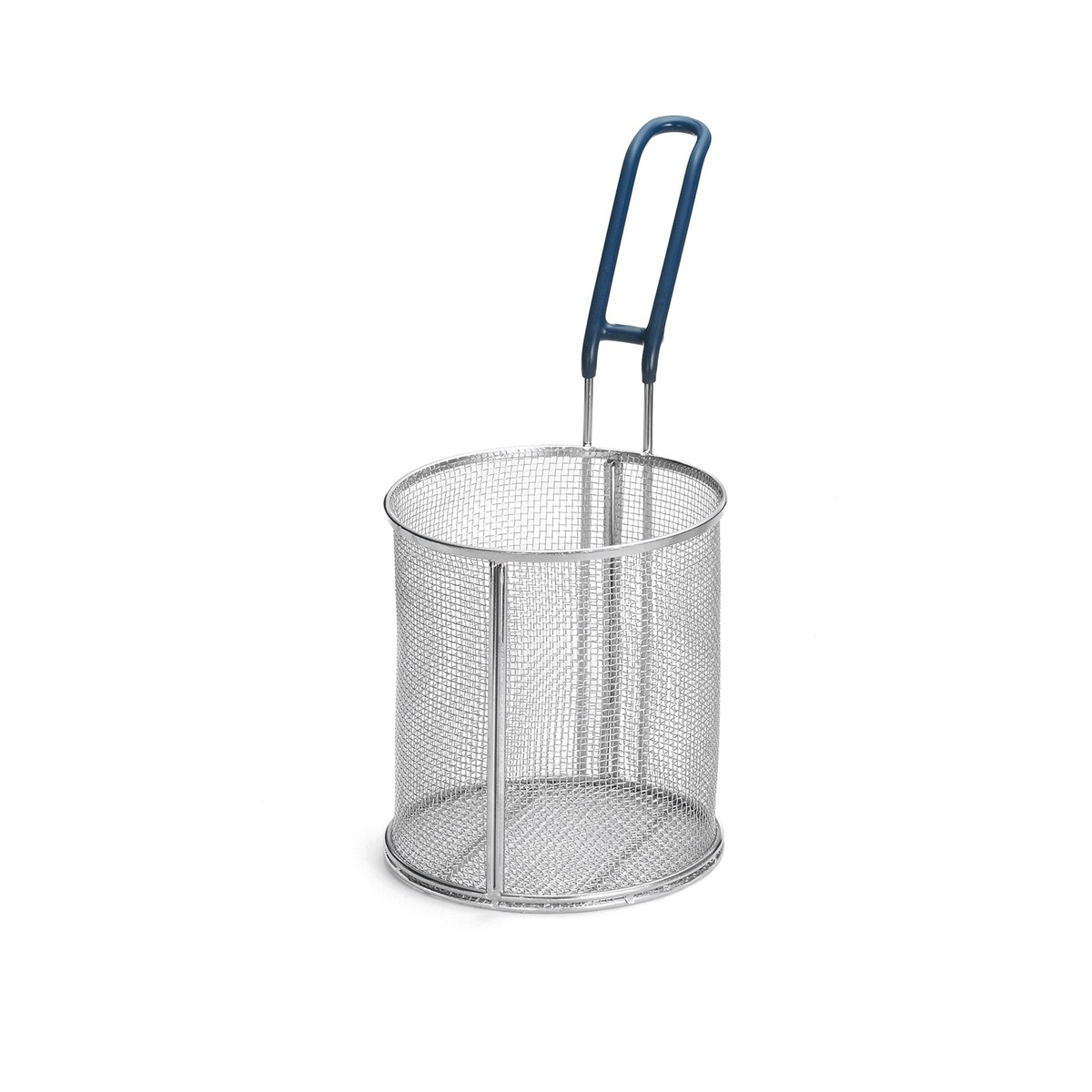 Tablecraft 986 6.5-inch round stainless steel mesh pasta basket with blue cool-touch vinyl handle