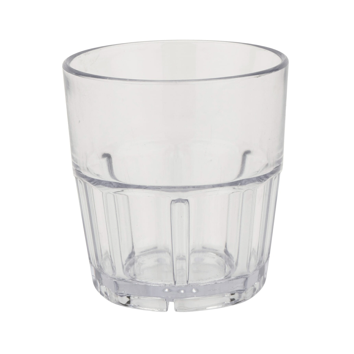GET Enterprises 9907-1-CL clear 7 oz Bahama rocks tumbler, side view showing faceted lower body and stacking band