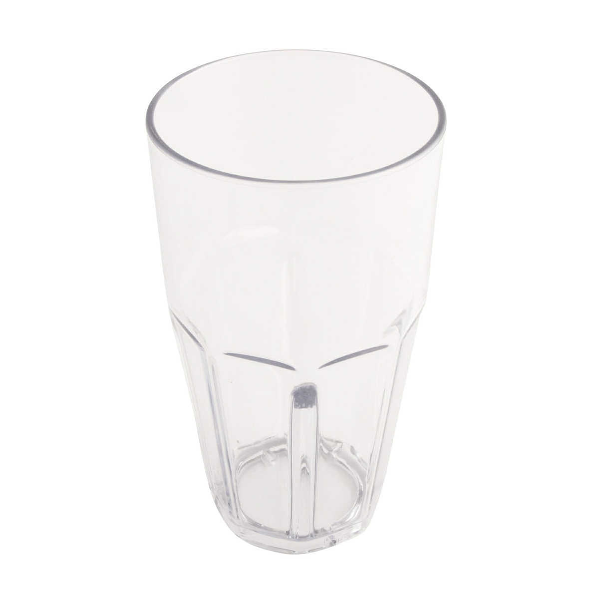 GET Enterprises 9932-1-CL clear tumbler viewed from above at an angle, showing open top and interior stacking lug