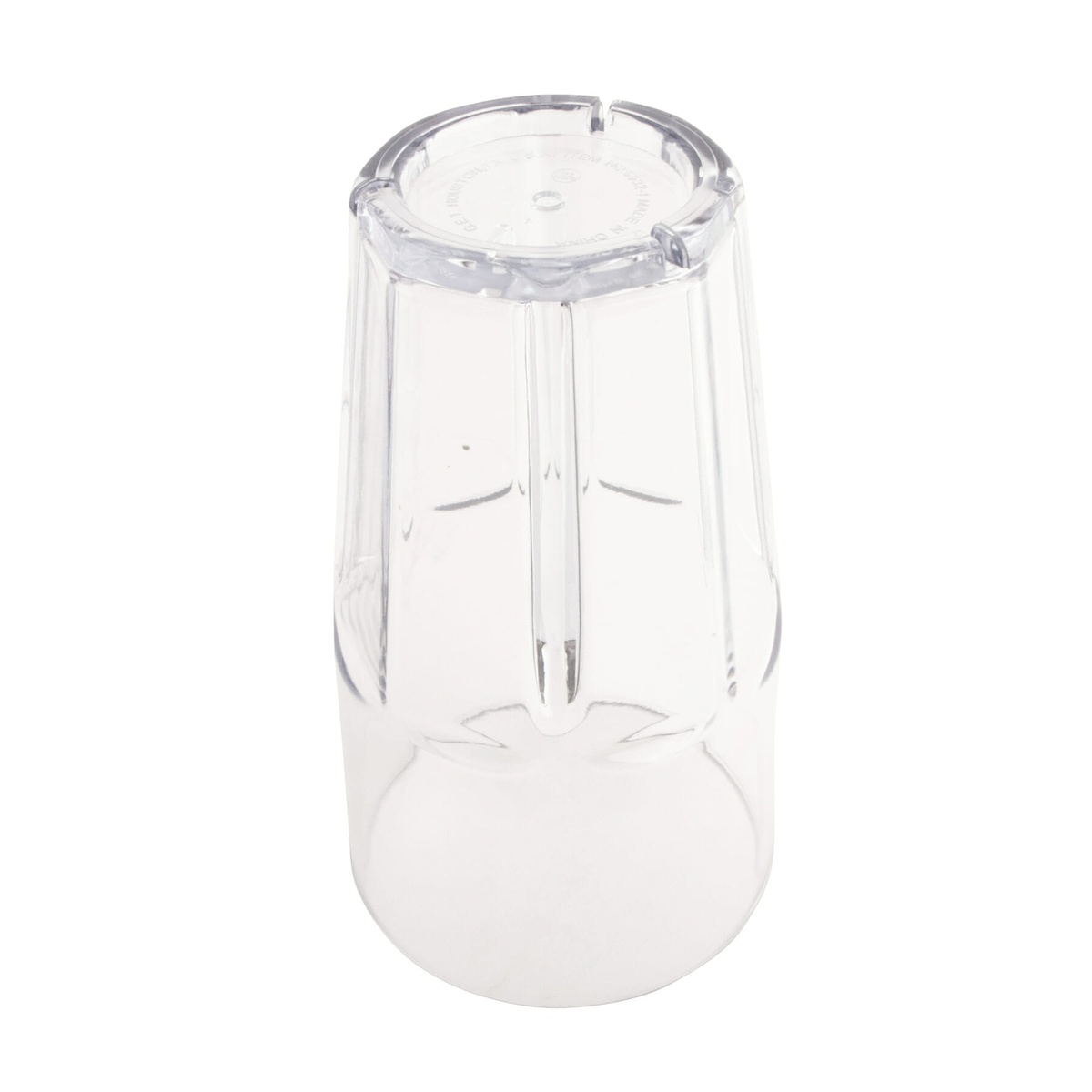 GET Enterprises 9932-1-CL clear tumbler viewed from below, showing stacking lugs and paneled base detail