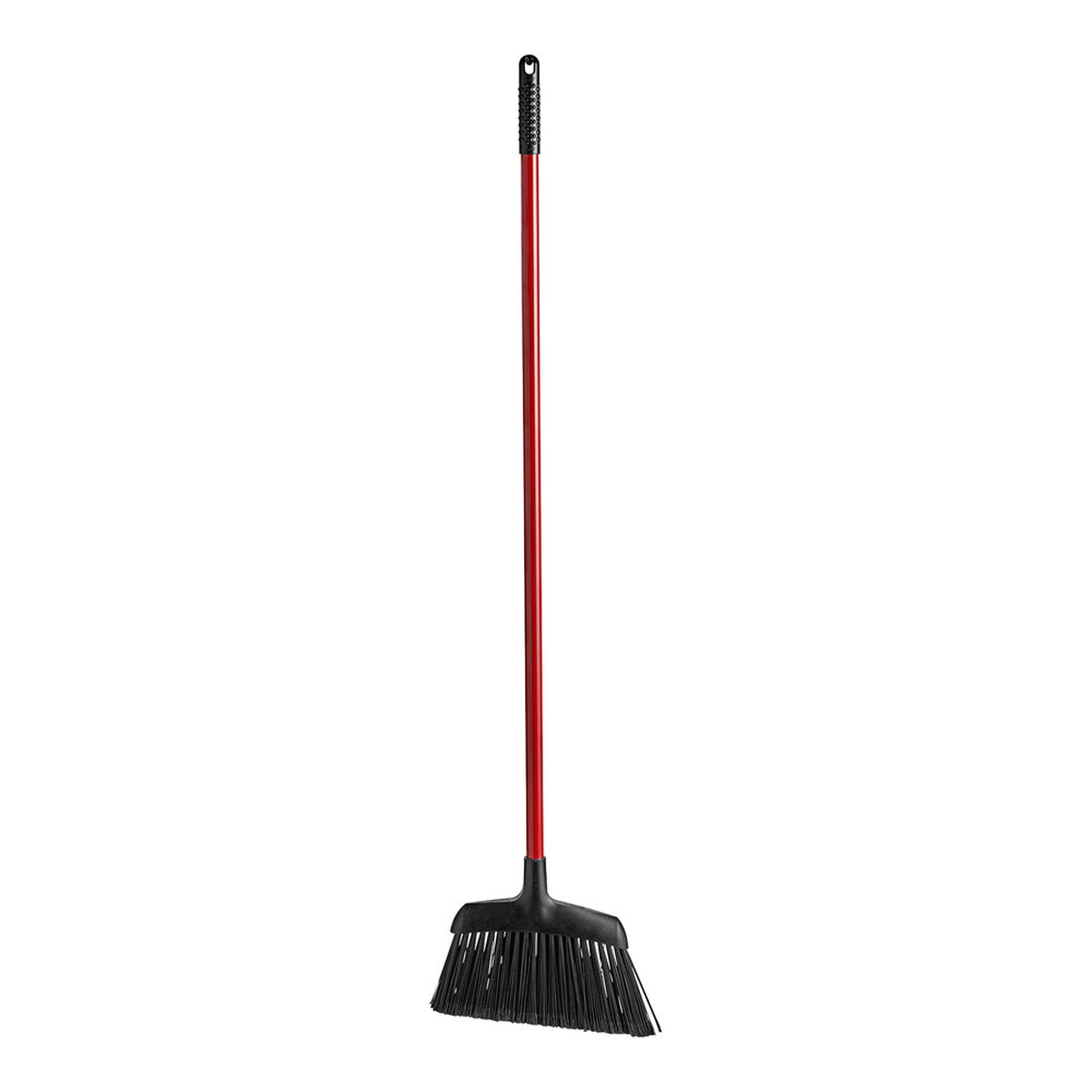 Libman 994 13-inch commercial angle broom with red steel handle and black angled bristle head on white background