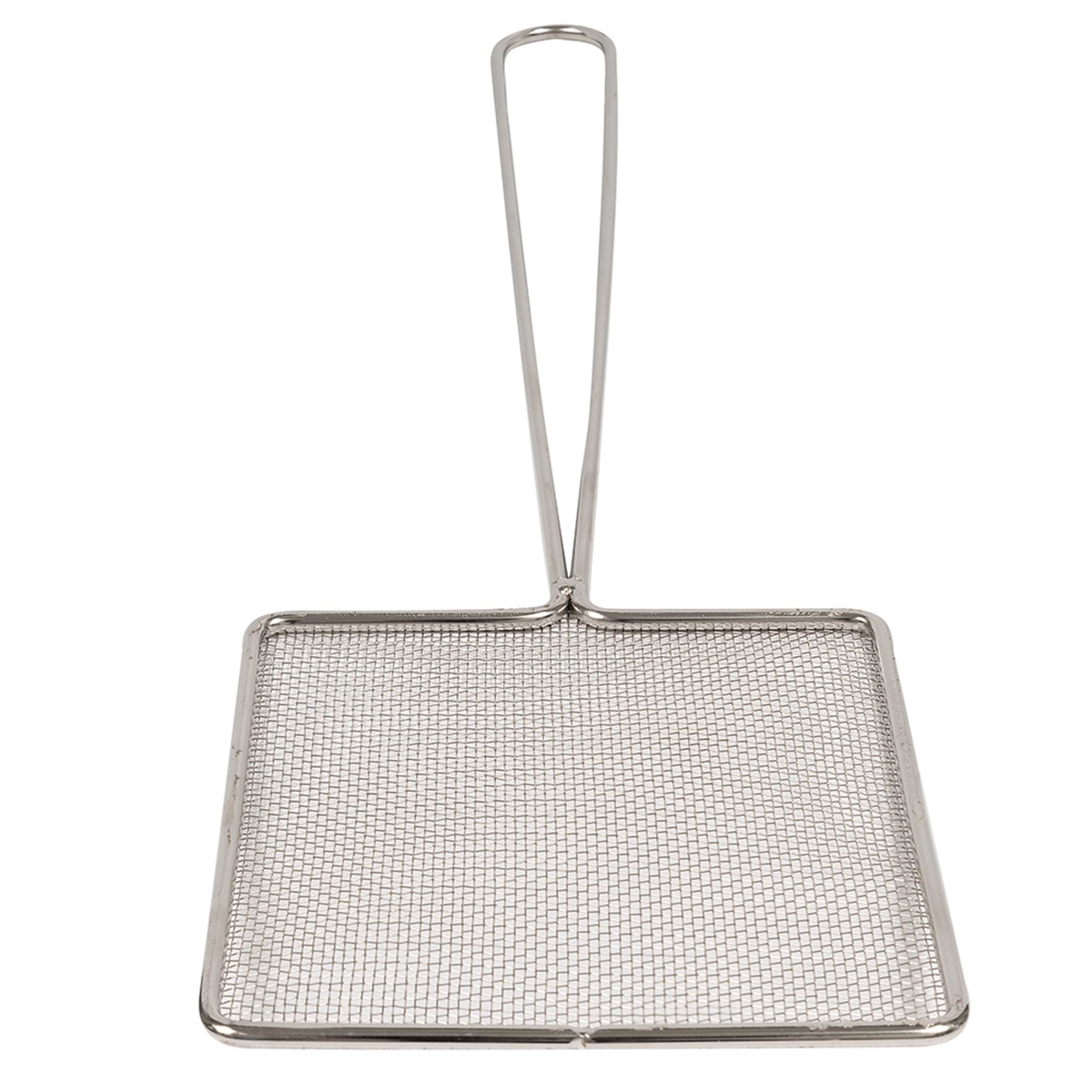 Close-up top view of Browne 997 skimmer square mesh bowl face showing wire weave detail and handle attachment