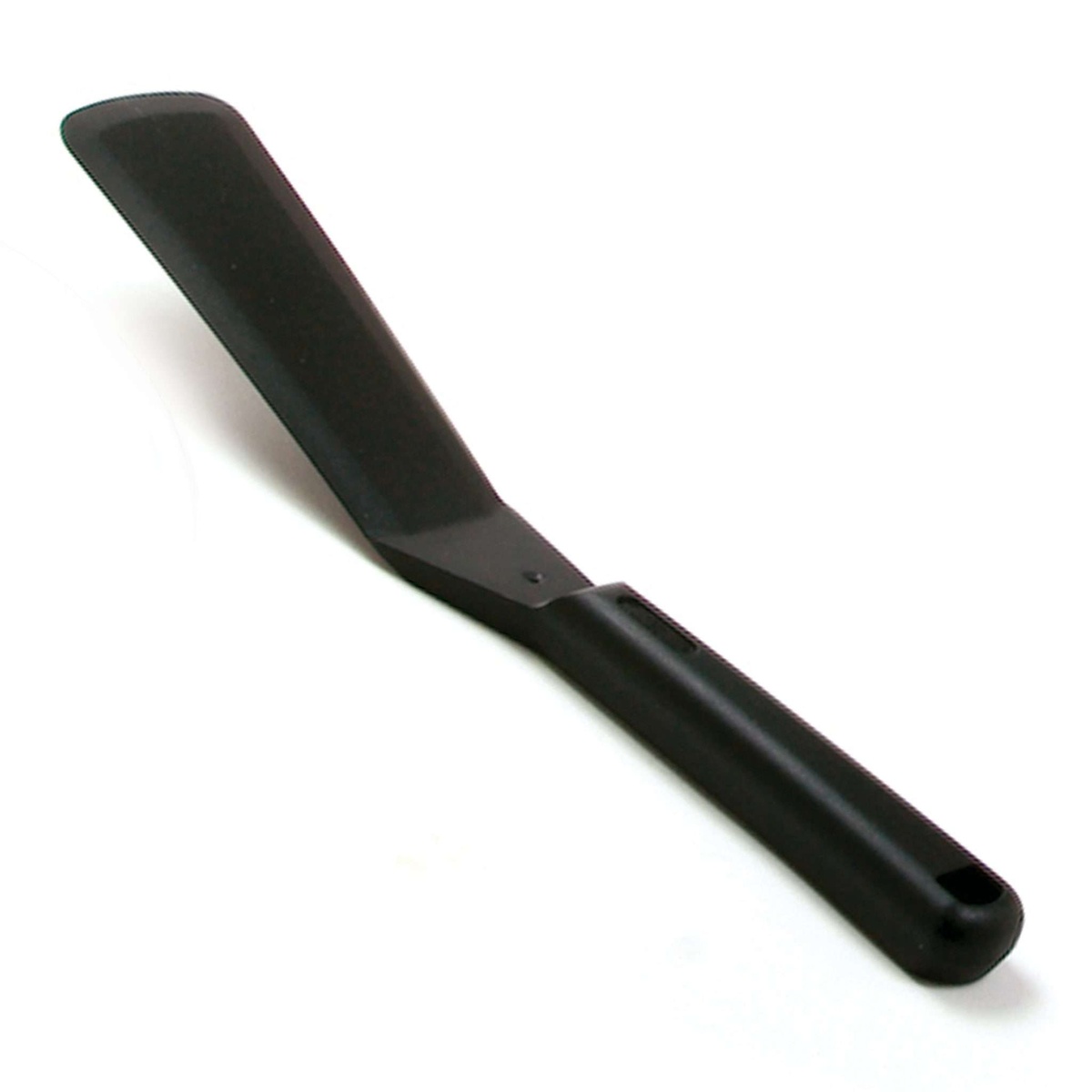 Norpro My Favorite black nylon spatula shown at an angle, highlighting the beveled blade and contoured handle