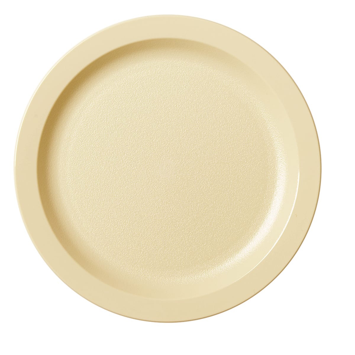 Cambro 9CWNR133 beige polycarbonate narrow rim 9-inch round dinner plate, top-down view