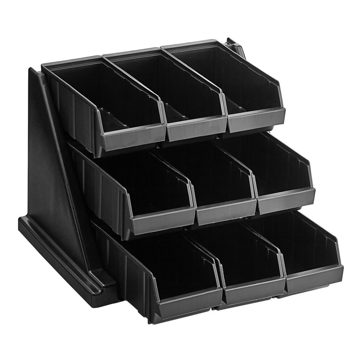 Cambro 9RS9110 black Versa 9-bin organizer rack with three tiered rows on white background