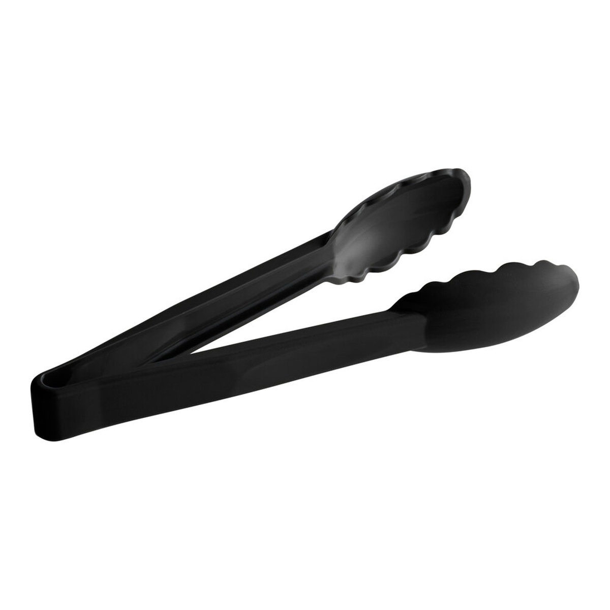 Cambro 9TGS110 Lugano 9-inch black scallop grip plastic tongs, open and ready for serving
