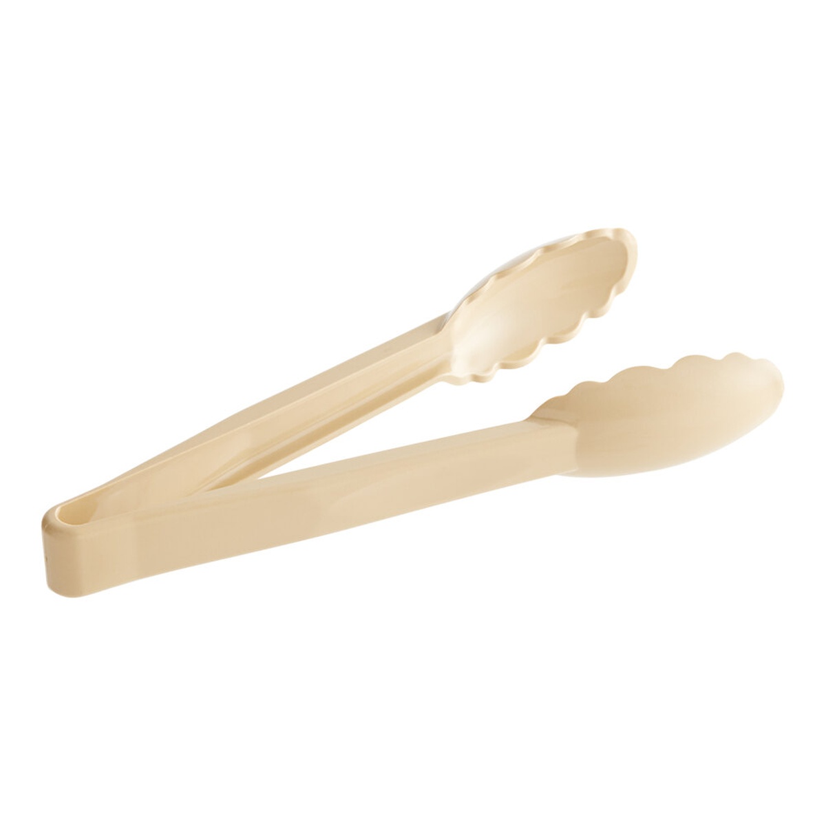 Cambro 9TGS133 beige 9-inch scallop grip plastic tongs on white background