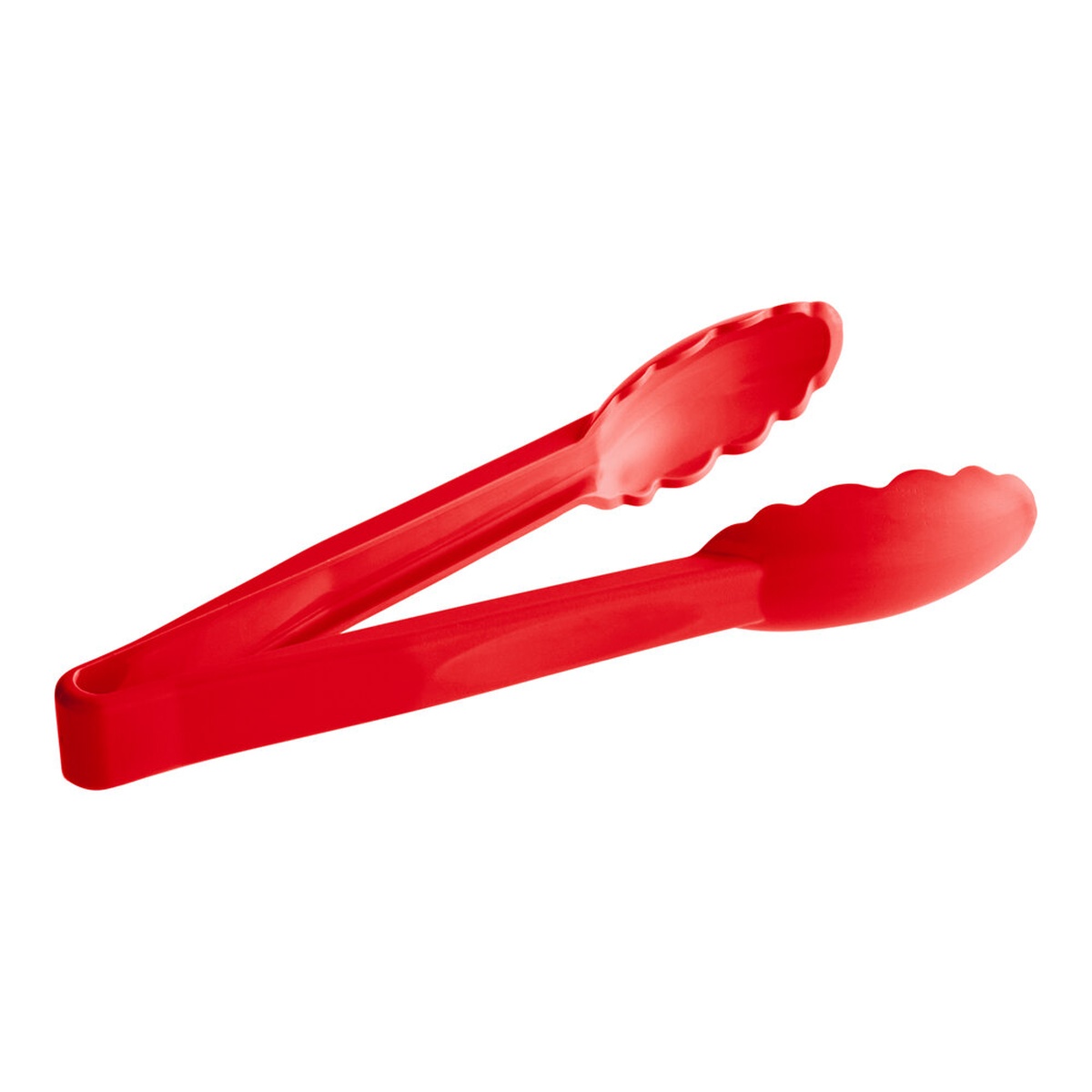 Cambro 9TGS404 Lugano 9-inch red scallop grip plastic tongs, full product view on white background