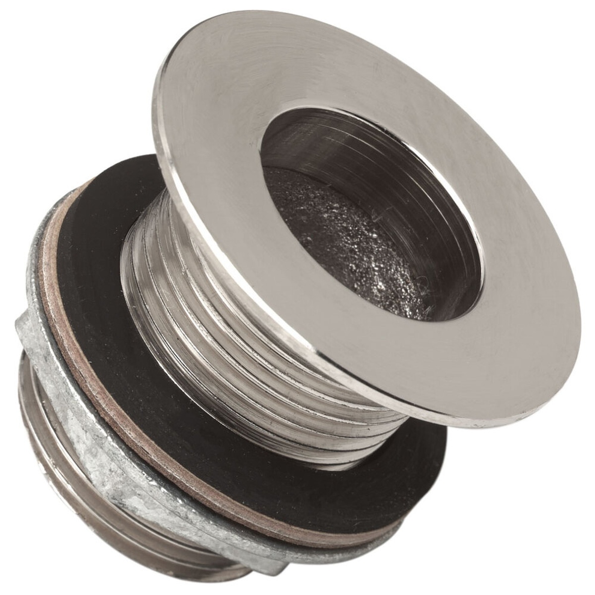 Advance Tabco A-10 stainless steel 1-inch waste outlet with lock nut and washer assembled