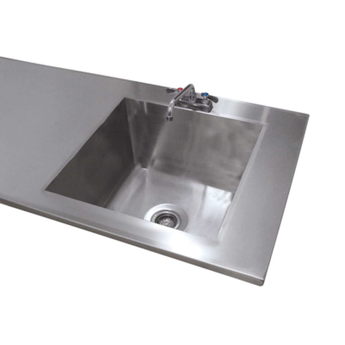 Single compartment integral stainless steel sink welded into table top with faucet
