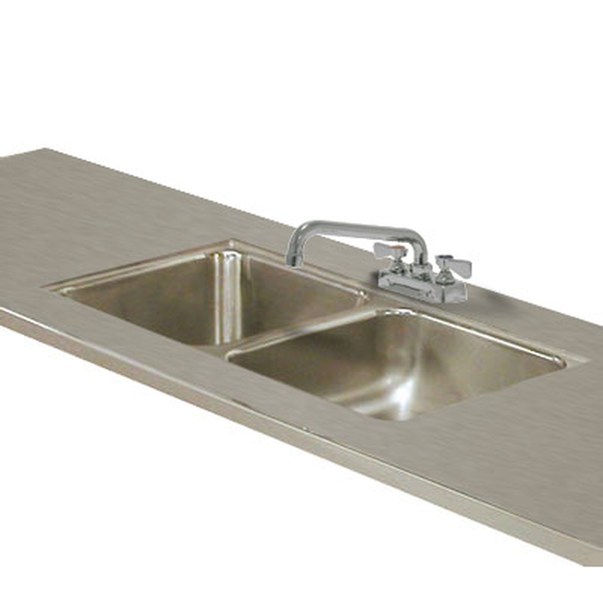 Double compartment integral stainless steel sink welded into table top with faucet