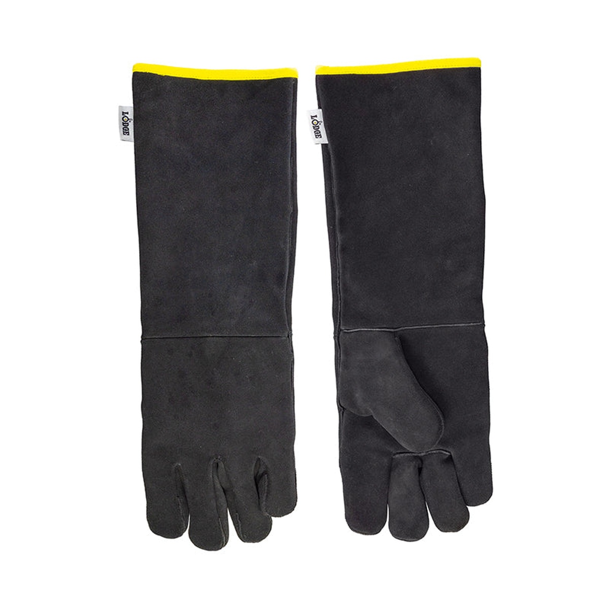 Lodge A5-2 black brushed leather gloves pair with yellow cuff trim, front view
