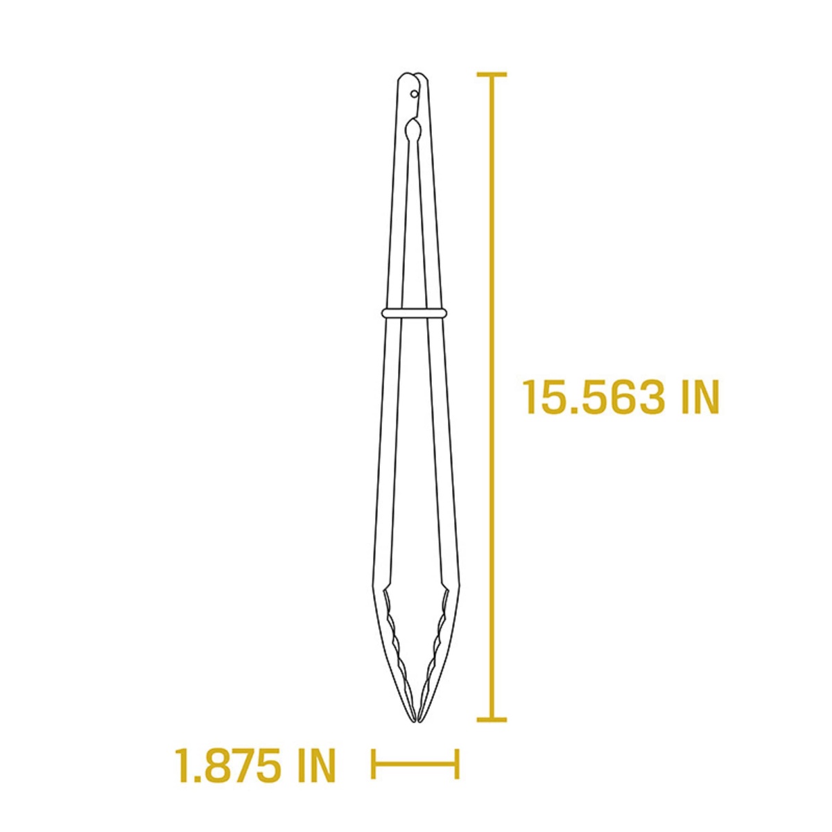 Lodge stainless steel tongs dimension diagram showing 15.563 inch length and 1.875 inch width