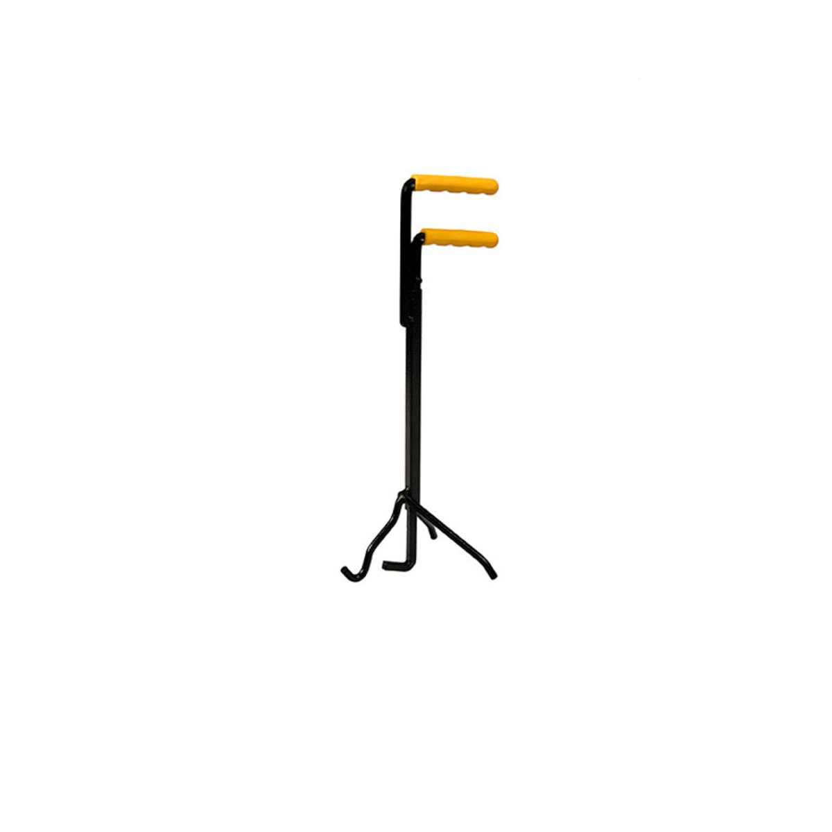 Lodge A5DLL Deluxe Lid Lifter standing upright showing yellow squeeze grip handles and black steel body with tripod base