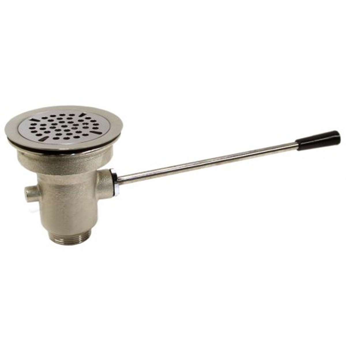 GSW USA AA-155 level handle waste valve with flat stainless steel strainer and black-tipped lever arm
