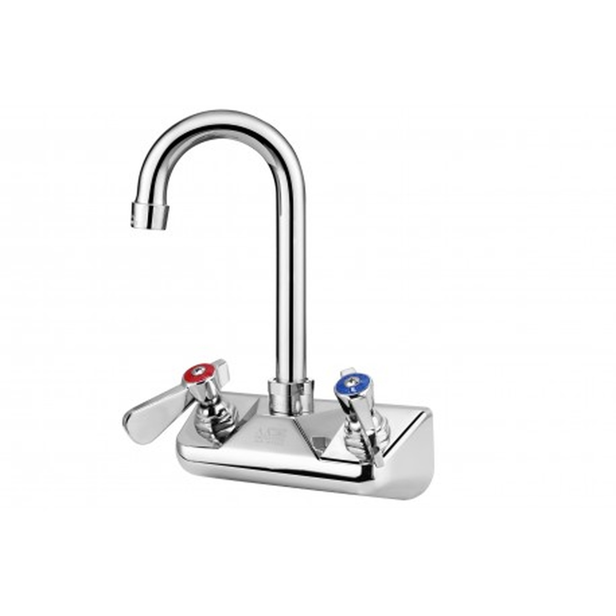 GSW USA AA-412G 4-inch wall mount backsplash faucet with 5-inch gooseneck spout and color-coded red and blue handles in chrome finish