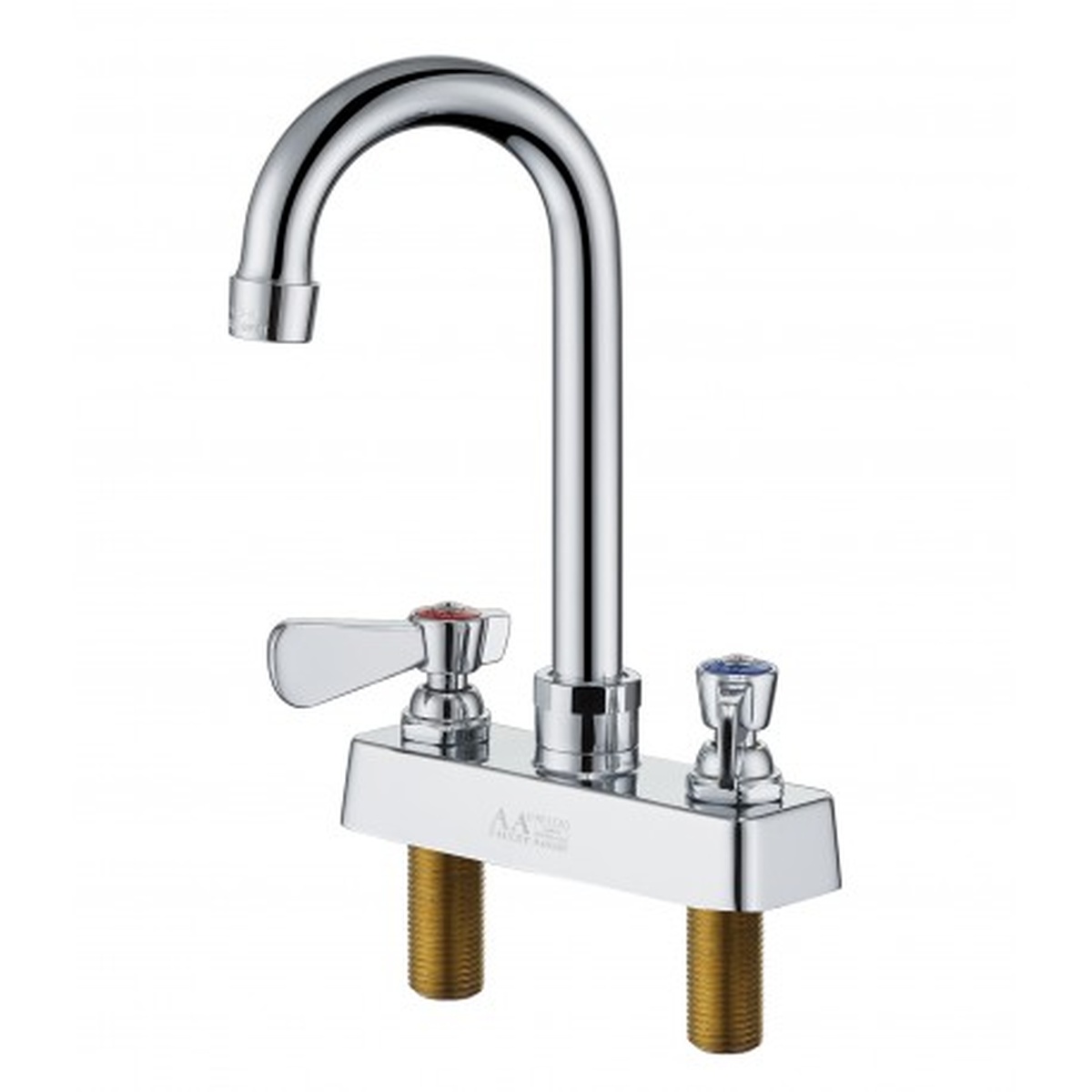GSW USA AA-422G 4-inch deck mount faucet with 5-inch gooseneck spout and color-coded red and blue handles in chrome finish