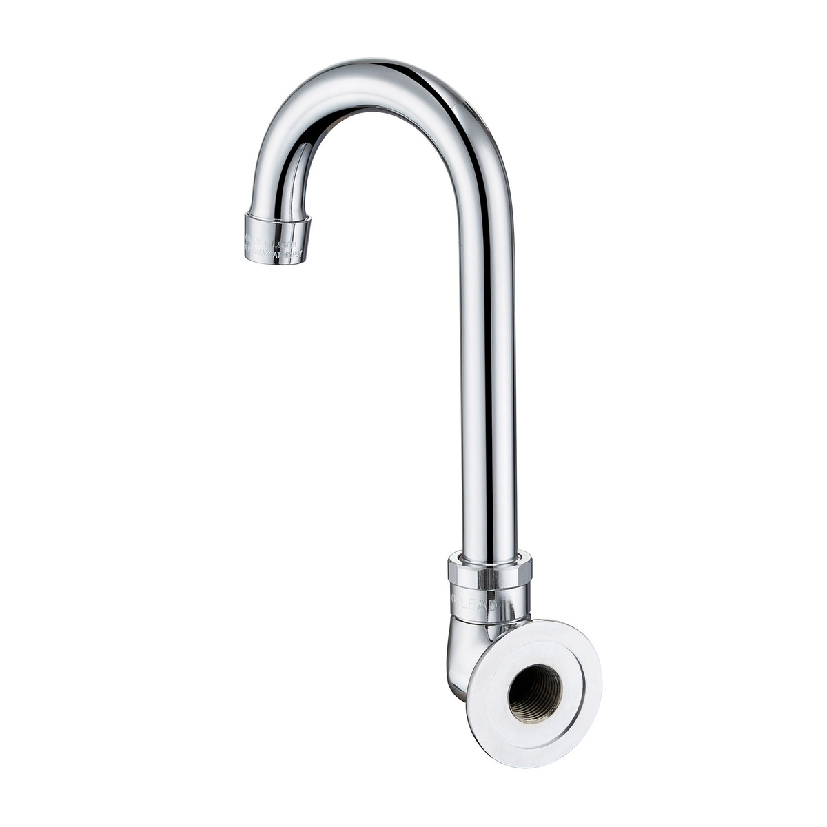 AA-515G chrome single splash mount gooseneck faucet, front view showing wall escutcheon and swivel spout
