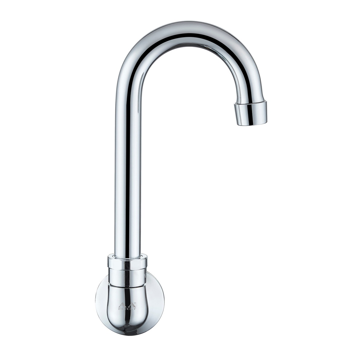 AA-515G chrome gooseneck faucet, side profile showing AA Faucet branding on escutcheon plate